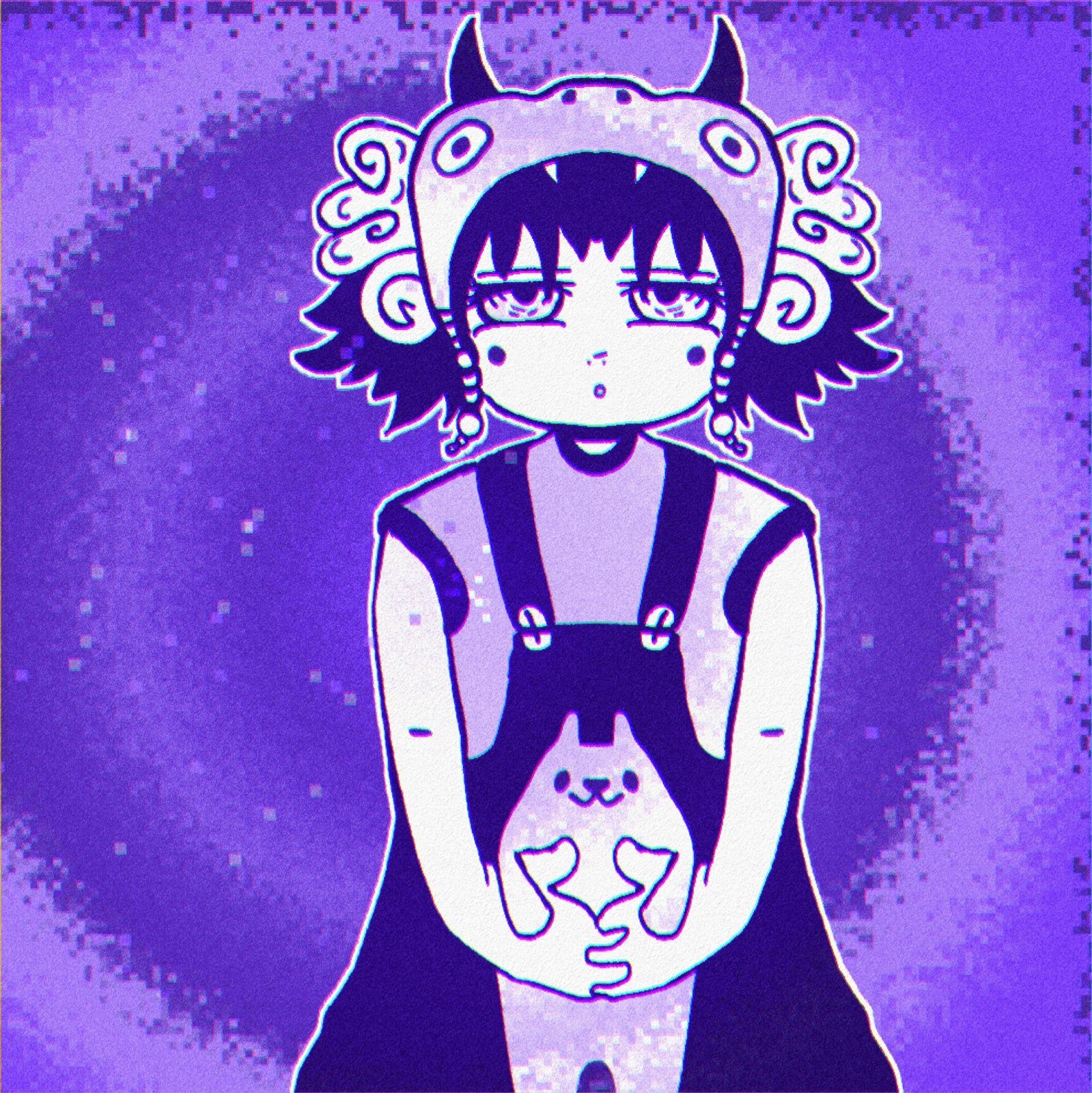 Personagem de capuz com chifres segurando um bichinho, em roxo