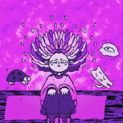 Personagem com cabeça de flor sentada entre uma tartaruga e um gato, em roxo e rosa