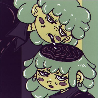 Duas personagens de cabelo verde, uma tomando macarrão da cabeça da outra