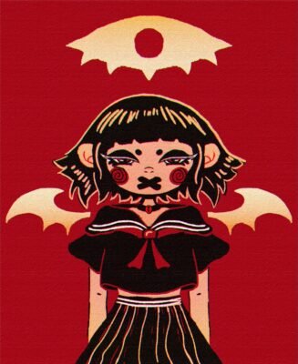 Menina de asas de morcego e vestido preto, em fundo vermelho, sob um olho