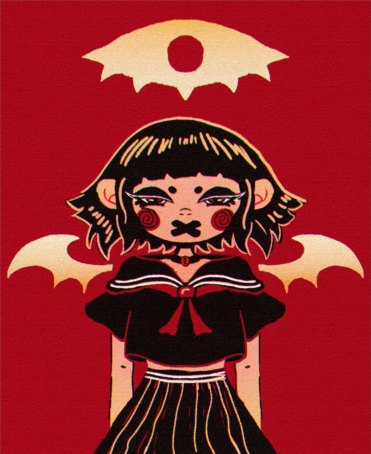 Menina de asas de morcego e vestido preto, em fundo vermelho, sob um olho