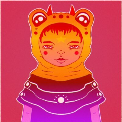 Personagem com capuz de sapo, em laranja e rosa