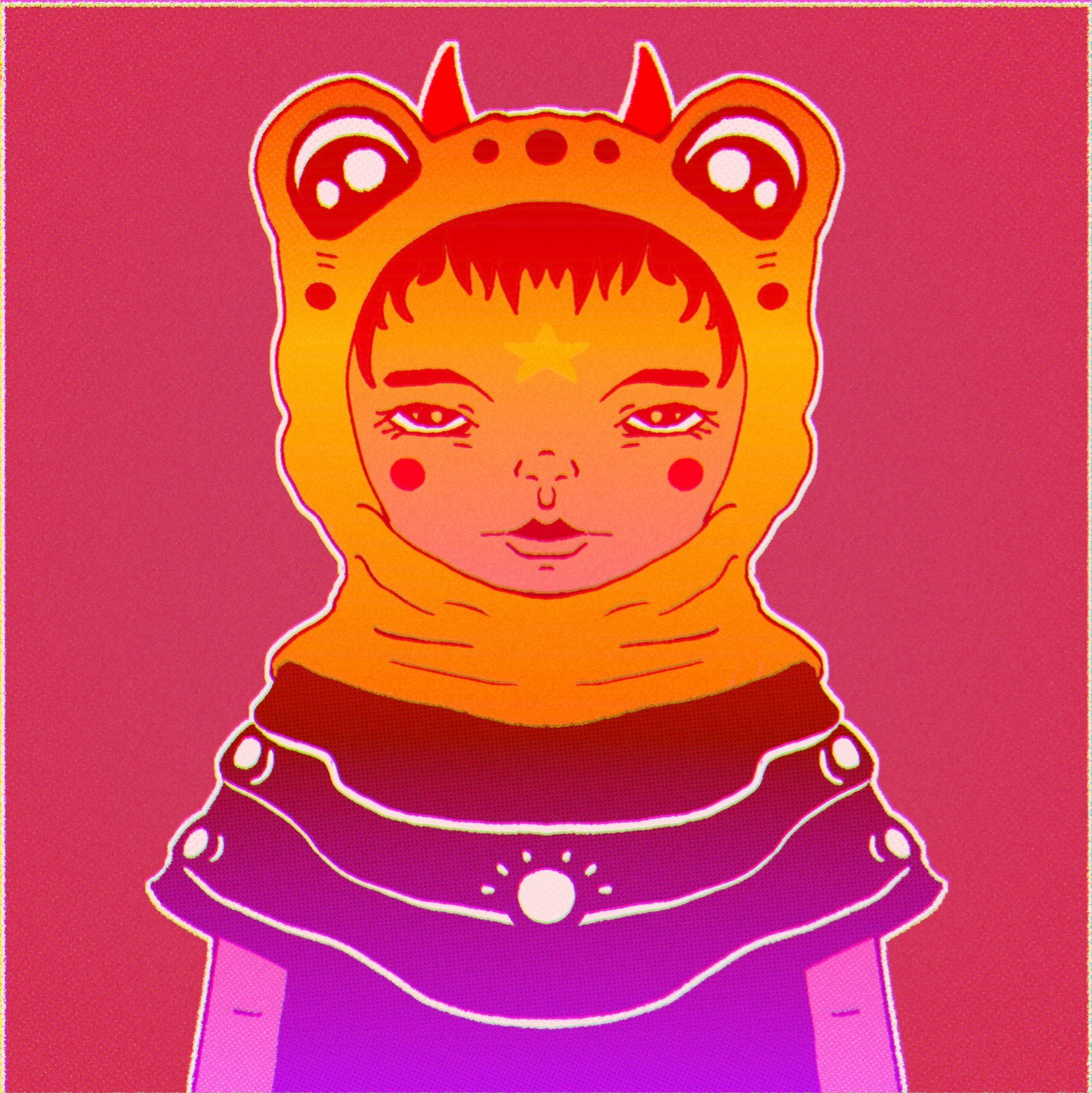Personagem com capuz de sapo, em laranja e rosa