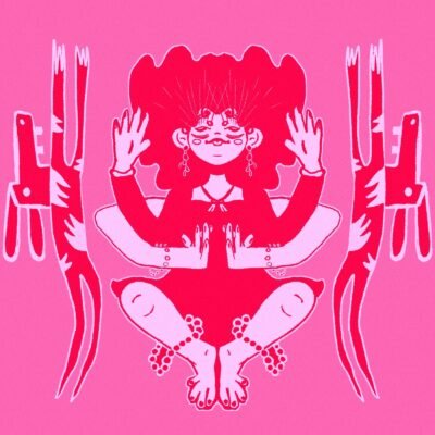 Figura sentada de pernas cruzadas com as mãos erguidas, em rosa e vermelho, simétrica