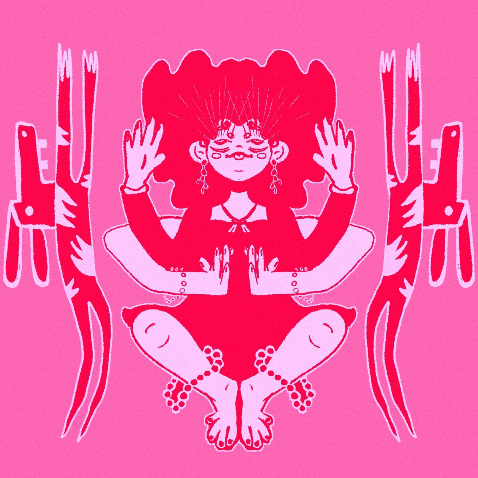 Figura sentada de pernas cruzadas com as mãos erguidas, em rosa e vermelho, simétrica