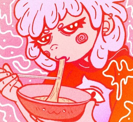 Personagem de cabelo rosa comendo macarrão numa tigela, em rosa e laranja