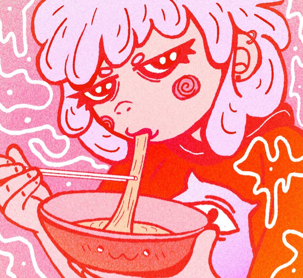Personagem de cabelo rosa comendo macarrão numa tigela, em rosa e laranja