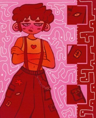 Personagem de cabelo vermelho e suspensórios, de braços cruzados, em fundo rosa com labirinto vermelho