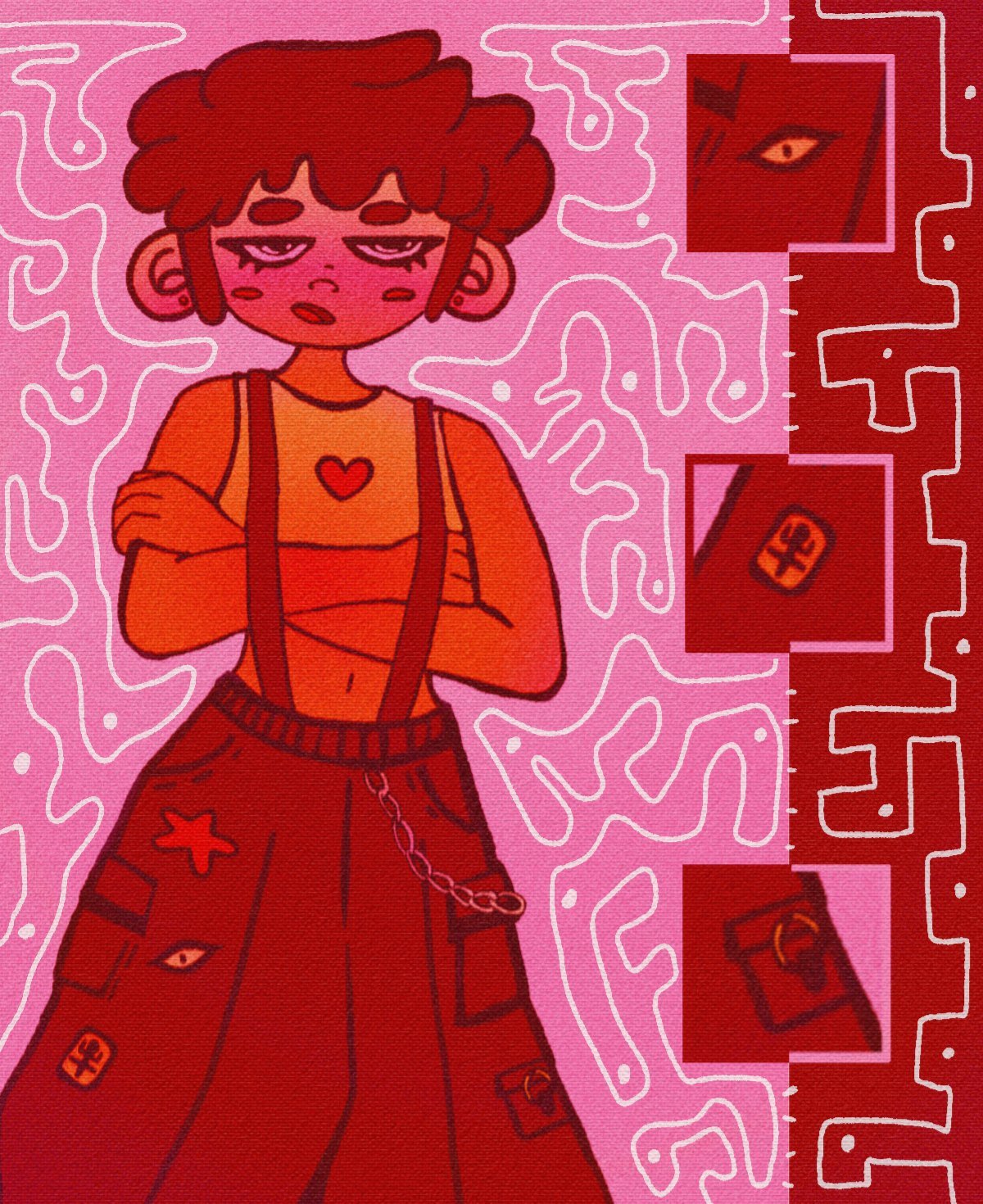 Personagem de cabelo vermelho e suspensórios, de braços cruzados, em fundo rosa com labirinto vermelho