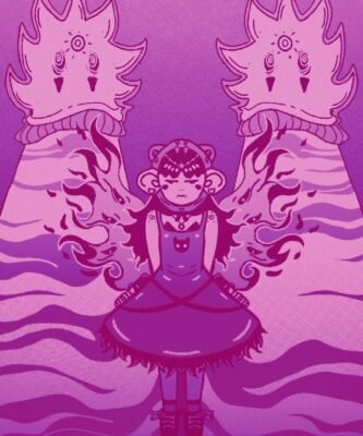Personagem com asas de chamas entre dois sóis, em magenta e roxo
