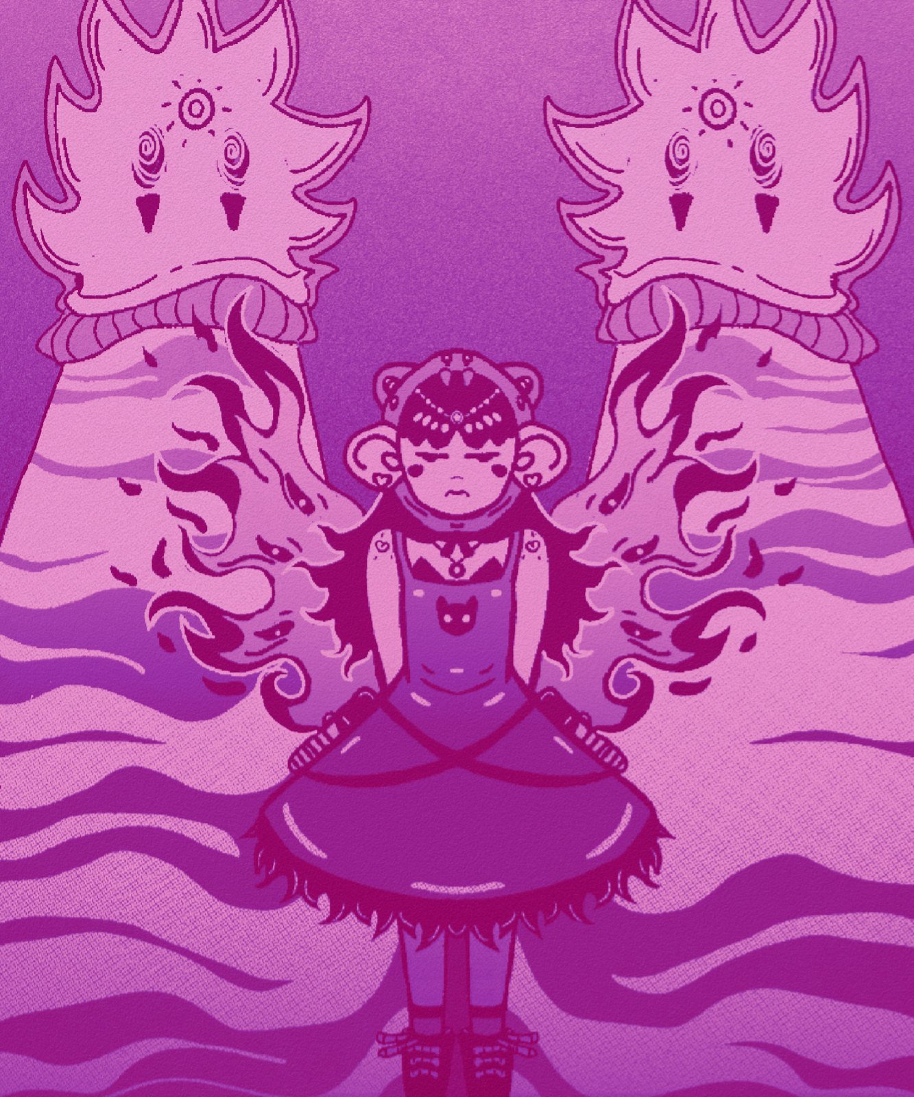 Personagem com asas de chamas entre dois sóis, em magenta e roxo