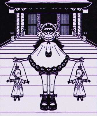 Personagem diante de um templo segurando duas bonecas penduradas, em preto e lilás