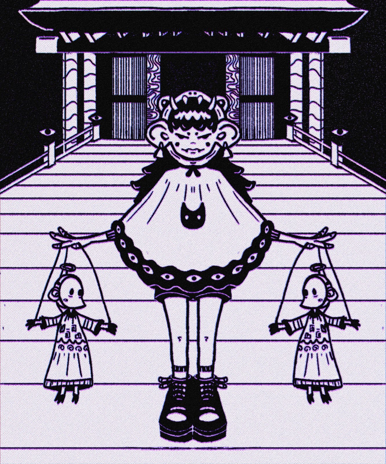 Personagem diante de um templo segurando duas bonecas penduradas, em preto e lilás