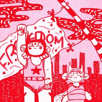 Duas personagens com uma bandeira escrita Freedom, em vermelho e rosa