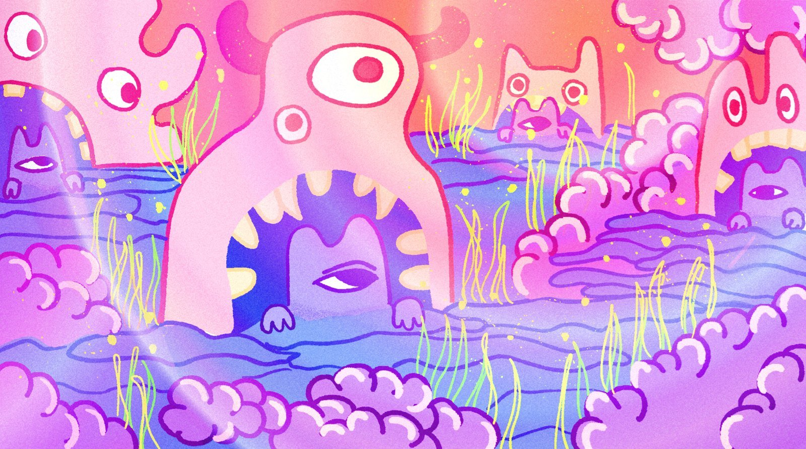 Paisagem em rosa e lilás com uma criatura de um olho saindo da água