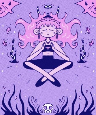 Figura meditando de pernas cruzadas, em tons de roxo, com chamas e um olho no alto