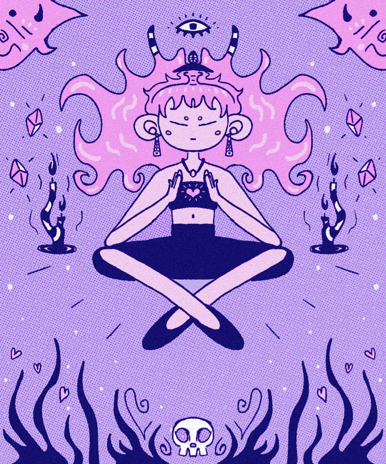 Figura meditando de pernas cruzadas, em tons de roxo, com chamas e um olho no alto