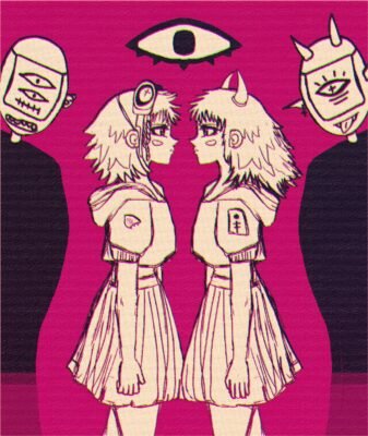 Duas personagens de frente uma para a outra sob um olho, em fundo magenta