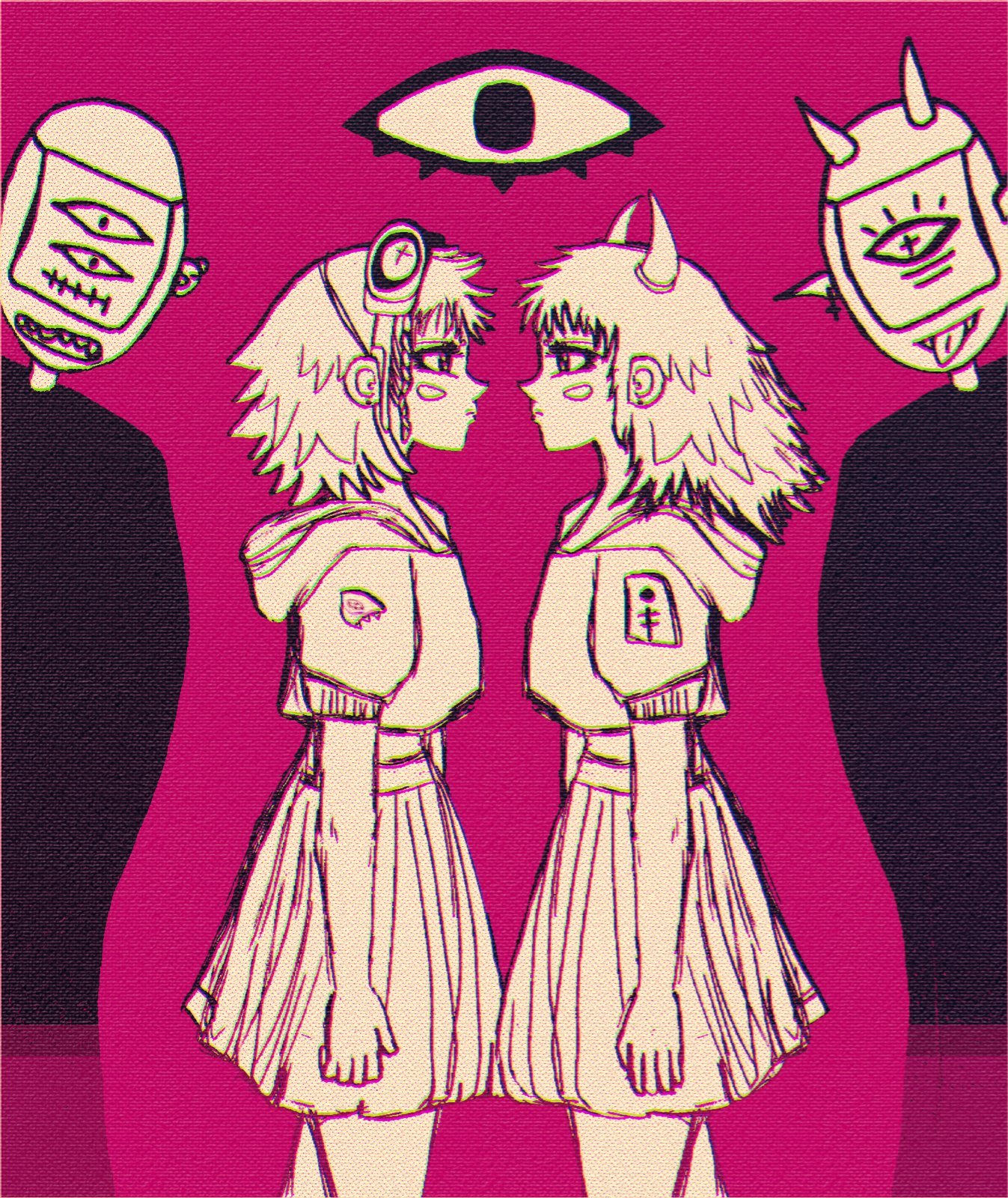 Duas personagens de frente uma para a outra sob um olho, em fundo magenta