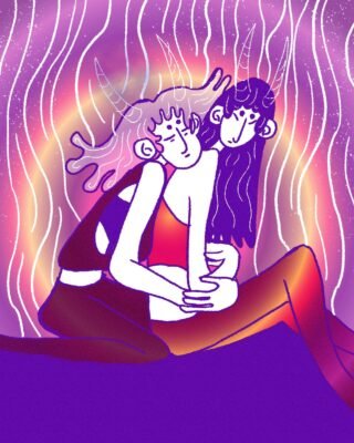 Duas figuras abraçadas, em roxo, rosa e laranja